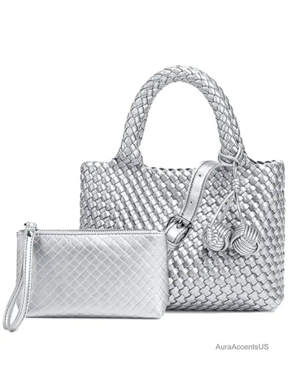 Faux Leather Woven Tote Bag with Coin Purse, Foldable Crossbody Handbag